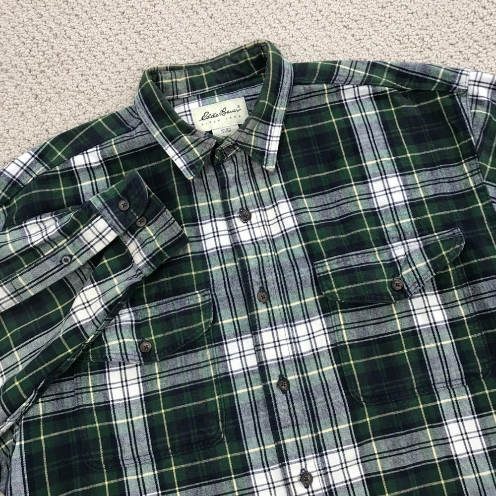 Eddie Bauer Mens Large Green Plaid Flannel Button Down Shirt Long Sleeve Cotton